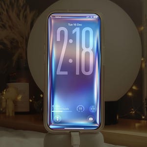 May include: A smartphone with a clear case is displayed on a charging stand. The phone screen shows the time as 2:18, with a colorful, abstract background. The phone is connected to a charging cable. The image has the text "Creative Supply" and "4K Ultra HD".