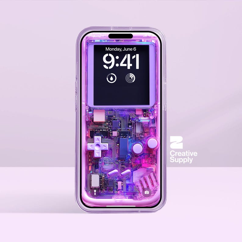 May include: A transparent phone case with a retro video game design. The case has a purple and pink circuit board pattern, a D-pad, and buttons. The phone screen shows "Monday, June 6" and the time "9:41". The Creative Supply logo is visible.
