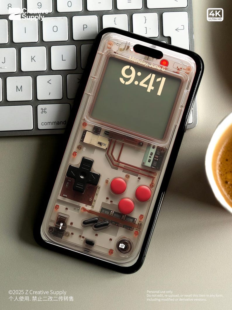 May include: A clear phone case with a retro video game design. The case has a black border and a transparent back that shows the phone's internal components. The case has a digital clock display that shows the time as 9:41. The case also has a red button and a black button.