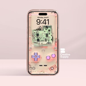 May include: Transparent iPhone case with a retro video game design. The case has a pink and purple colour scheme, a circuit board, and controller buttons. The screen shows "Monday, June 6, 9:41". The Creative Supply logo is visible.