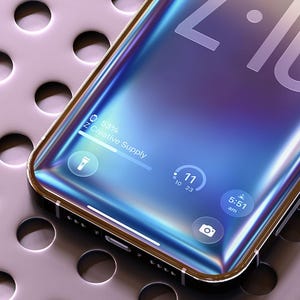 May include: A smartphone with a gold-colored frame and a screen displaying a digital interface. The screen shows the time, battery percentage, and other app icons. The phone rests on a perforated metal surface.