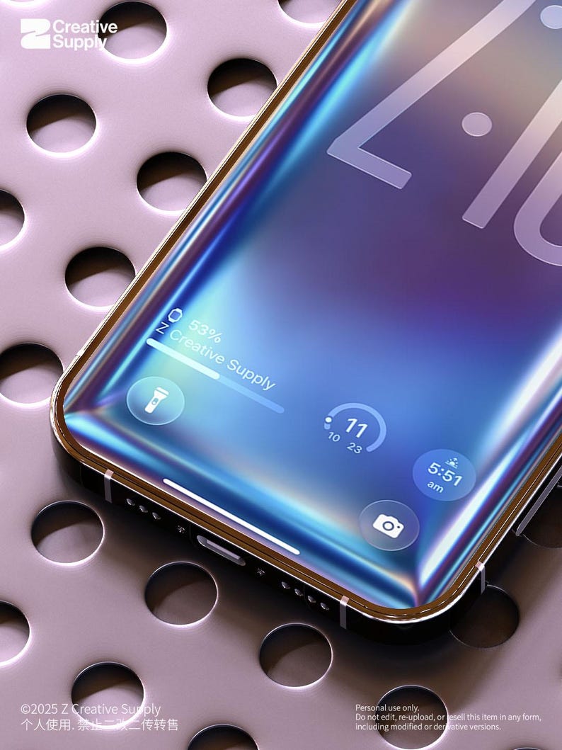 May include: A smartphone with a gold-colored frame and a screen displaying a digital interface. The screen shows the time, battery percentage, and other app icons. The phone rests on a perforated metal surface.