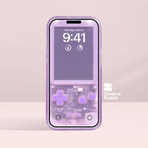 May include: A transparent phone case with a purple retro video game design. The phone screen shows "Monday, June 6, 9:41". The case has a cross-shaped D-pad and circular buttons, resembling a classic handheld console.
