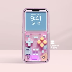 Sfondo retrò per telefono con console di gioco rosa pastello, Y2K, arte digitale realistica per lo schermo dell'iPhone / Sfondo estetica da giocatore trasparente e carino