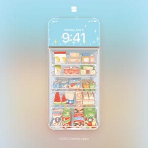 Può includere: Illustrazione digitale di uno smartphone che mostra un frigorifero pieno di generi alimentari. Lo schermo del telefono mostra l'ora 9:41 di lunedì 6 giugno. Il frigorifero contiene vari prodotti confezionati, bevande e prodotti. L'immagine ha una combinazione di colori blu chiaro e bianco.