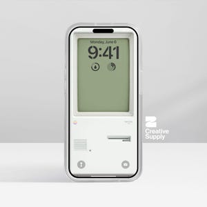 May include: A clear phone case featuring a white retro computer design. The phone screen shows the time, Monday, June 6, 9:41, and two icons. The case has a white border and a clear back, with the Creative Supply logo on the right.