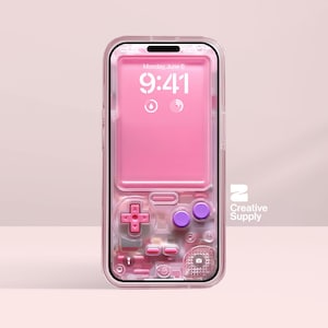 May include: A transparent phone case with a pink interior, styled to look like a retro handheld gaming console. The phone screen shows the time, Monday, June 6, 9:41. The case has pink and purple buttons and a directional pad.
