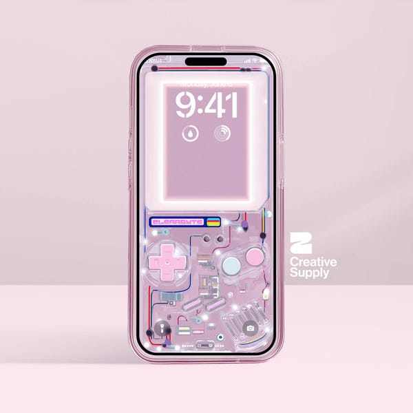 Pastellrosa Gameboy-Handy-Tapete, Retro-transparente Spielkonsolenplatine Digital Art-Realistischer Sperrbildschirm, verträumte y2k-Ästhetik