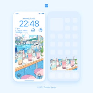 May include: A digital illustration of a phone screen with a clock displaying 22:48, the date Monday, June 6, and a battery icon showing 50% charge. The background image shows a colorful illustration of a cafe with a view of a harbor. The cafe has a counter with several colorful bubble tea drinks with tapioca pearls.