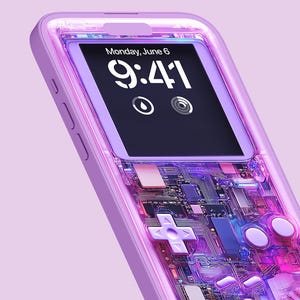 May include: A lilac smartphone case showing "Monday, June 6, 9:41" on the screen. The case has a transparent design revealing internal circuitry and a cross-shaped control pad. The Creative Supply logo is visible in the upper left corner.