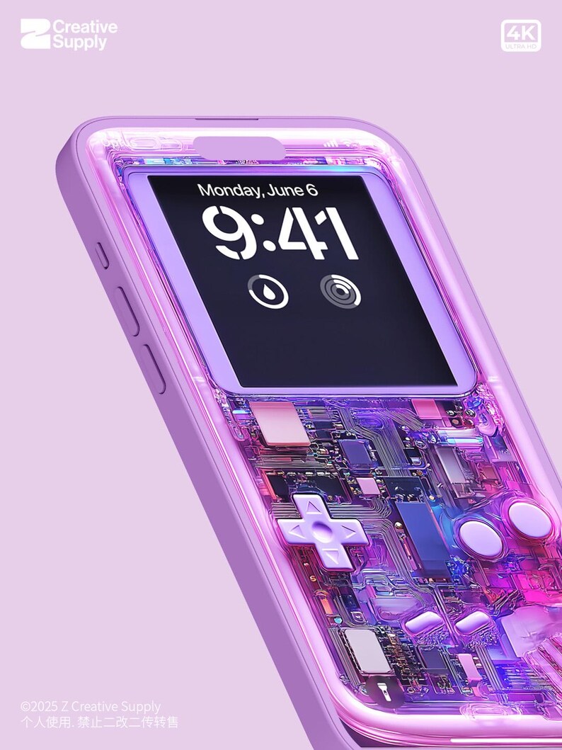 May include: A lilac smartphone case showing "Monday, June 6, 9:41" on the screen. The case has a transparent design revealing internal circuitry and a cross-shaped control pad. The Creative Supply logo is visible in the upper left corner.