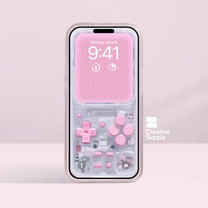 May include: A transparent phone case featuring a pink screen displaying "Monday, June 6, 9:41". The case has a retro video game controller design with pink buttons and a directional pad.