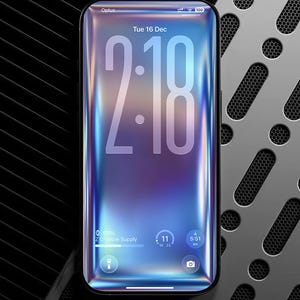 May include: A smartphone with a vibrant, iridescent screen displaying the time, date, and battery life. The phone is set against a dark, textured background with a perforated metal panel. The screen shows the time as 2:18.