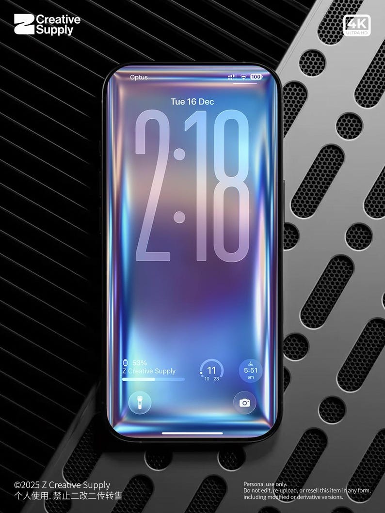May include: A smartphone with a vibrant, iridescent screen displaying the time, date, and battery life. The phone is set against a dark, textured background with a perforated metal panel. The screen shows the time as 2:18.