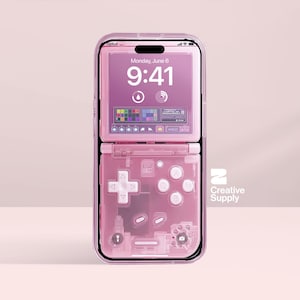 May include: A pink smartphone case designed to look like a retro handheld gaming console. The case has a screen showing the time and date, plus a D-pad, buttons, and other gaming controls. The case is transparent and has the text "Creative Supply".
