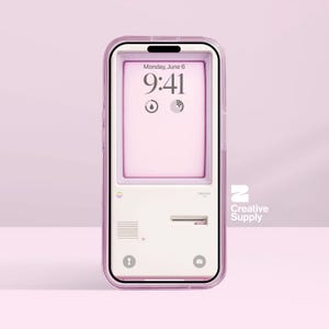 May include: A pink iPhone case with a retro computer design. The case has a white and pink colour scheme, with a screen displaying the date and time. The case has a clear, protective border.