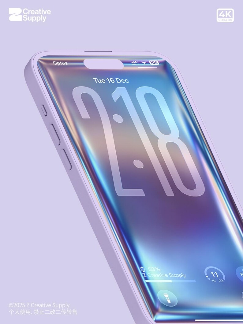 May include: A light purple smartphone with a holographic display showing the time, date, and battery life. The phone has a light purple case and the screen displays the time as 2:18. The phone is labeled with the text "Optus" and "Creative Supply".