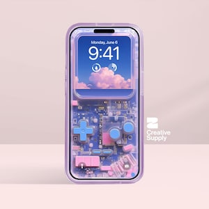May include: A transparent phone case with a retro video game design. The case has a blue circuit board pattern with pink and blue buttons. The phone screen shows the date and time: Monday, June 6, 9:41.