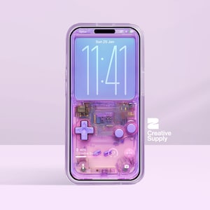 May include: A clear, purple phone case with a retro video game design. The case features a D-pad, buttons, and internal circuitry visible through the transparent material. The phone screen displays the time, 11:41, and the date, Sun 25 Jan.