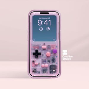 Sfondo rosa retrò trasparente per Gameboy, circuito stampato per console di gioco ultra-realistico, arte digitale per la schermata di blocco, estetica pastello Y2K