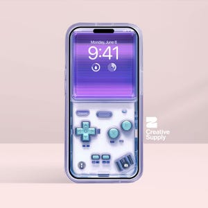 Sfondo per telefono con console di gioco retrò bianca, glitch viola ultra-realistico Y2k, arte digitale per lo schermo del telefono / estetica da giocatore Pixel vaporwave