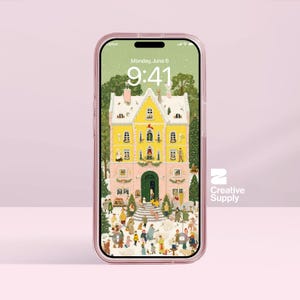 May include: A clear phone case with a pink border encases a phone displaying a colorful illustration of a yellow and pink building with people. The screen shows the date, Monday, June 6, and the time, 9:41.