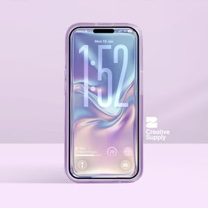 May include: A clear phone case with a purple border encases a smartphone displaying the time 1:52. The phone screen has a holographic background. The date is Monday, January 19. The Creative Supply logo is visible.