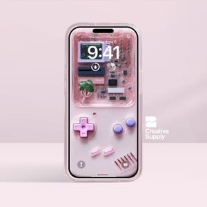 Sfondo retrò per Gameboy per iPhone / Schermata di blocco ultra realistica con motivo pastello Y2K / Sfondo digitale per console con texture in silicone viola e rosa