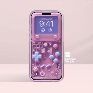 Sfondo rosa retrò trasparente per Gameboy, circuito stampato per console di gioco ultra-realistico, arte digitale per la schermata di blocco, estetica pastello Y2K