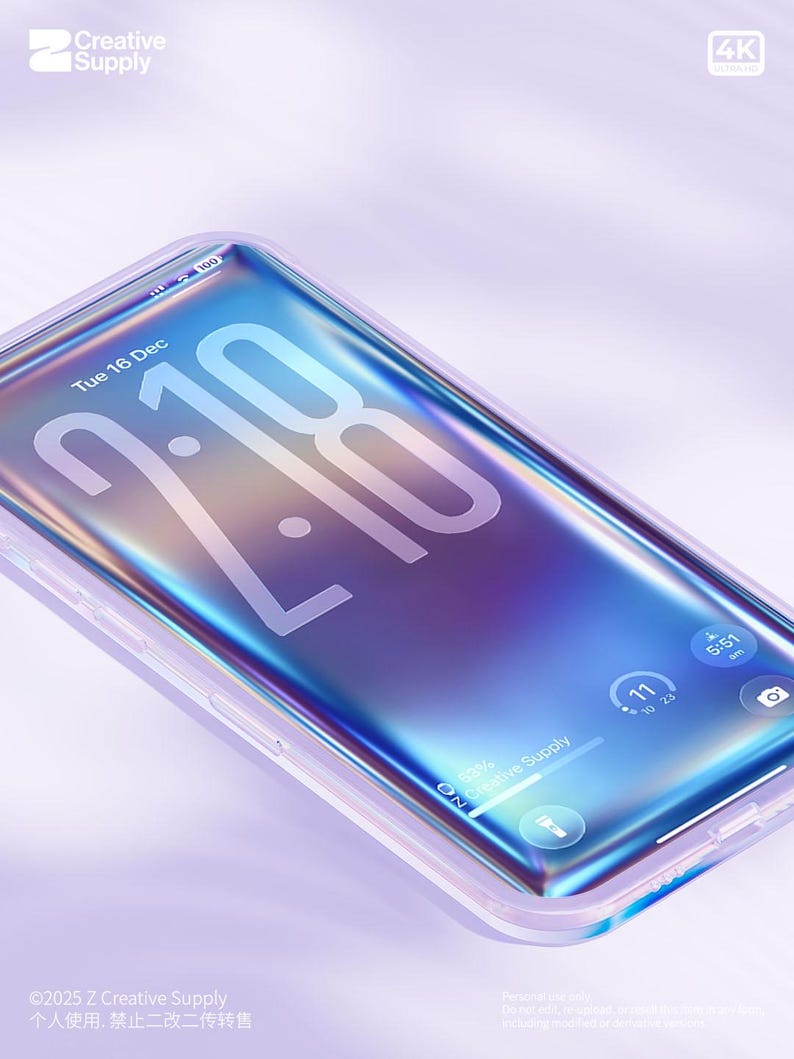 May include: A smartphone with a clear case displays a vibrant, iridescent screen. The time 2:18 is prominently displayed, along with the date, Tuesday, December 16. The phone shows a 4K Ultra HD display and the text "Creative Supply".