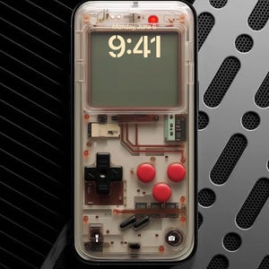 May include: A clear phone case with a retro video game design. The case has a black and white design with red buttons and a screen that displays the time, "Monday, June 6, 9:41".