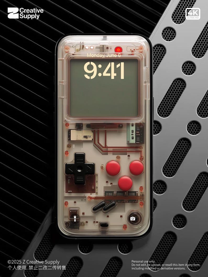 May include: A clear phone case with a retro video game design. The case has a black and white design with red buttons and a screen that displays the time, "Monday, June 6, 9:41".