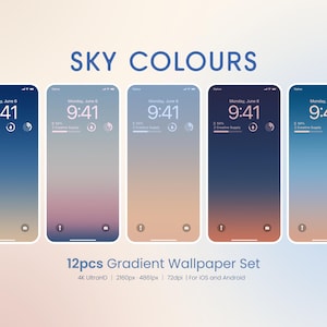 May include: Smartphone screens showcasing gradient wallpapers in shades of blue, pink, and orange. The words "SKY COLOURS" are displayed above, with "12pcs Gradient Wallpaper Set" below. Each screen displays the time as 9:41.