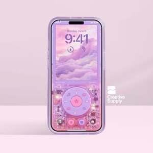 May include: A clear phone case with a retro-futuristic design. The phone screen displays a purple cloudy sky and the time, 9:41. The case has a pink control panel with a menu button and play/pause controls. The text "kiwiiipod" and "cyberkey" are visible.