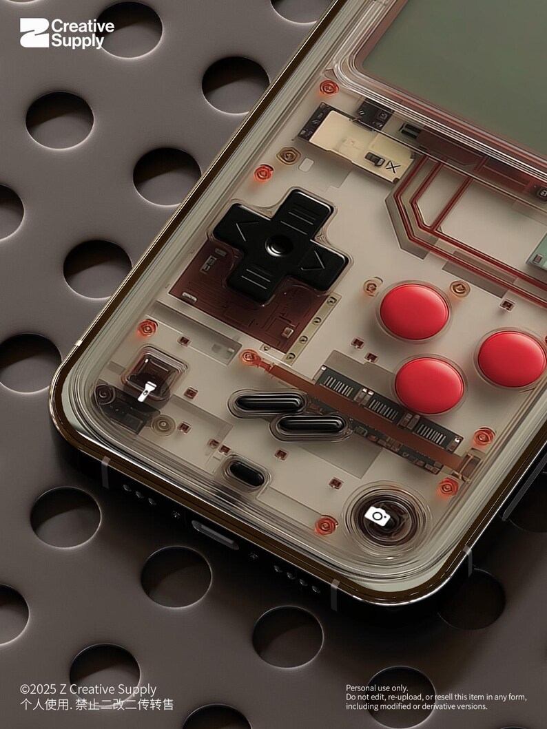 May include: A clear phone case with a retro video game design. The case has a black and red color scheme and features a directional pad, buttons, and a screen. The case is designed to look like a vintage handheld game console.