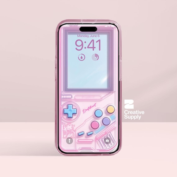 Pink Gameboy Phone Wallpaper Retro Y2K Anime Style, Cute Digital
