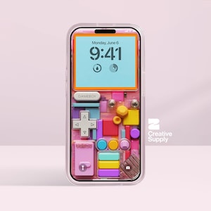 Sfondo retrò per Gameboy per iPhone / Schermata di blocco ispirata ai Lego con colori pastello Y2K / Sfondo digitale multicolore e allegro per console