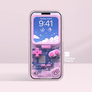 Papier peint Gameboy transparent bleu rose - Art numérique ultra-réaliste de carte de circuit imprimé rétro pour écran de téléphone |  Esthétique pixel gamer pastel