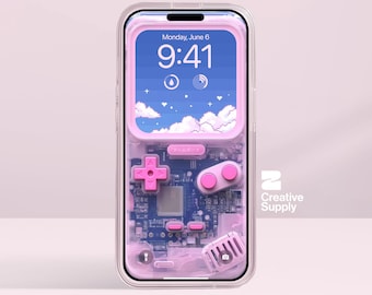 Pink Blue Transparent Gameboy Wallpaper – Ultra-Realistic Retro circuit board Digital Art for Phone screen |  Pastel pixel gamer aesthetics