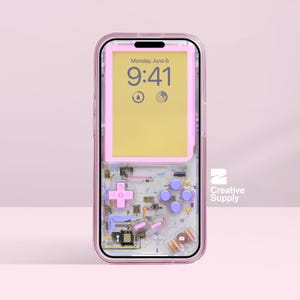 May include: A pink phone case with a retro video game design. The phone displays the time as 9:41 AM on Monday, June 6. The case has a transparent design, revealing the internal components of the phone and the game controller.