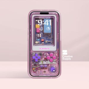 May include: A pink iPhone case with a retro video game design. The case features a screen displaying the time and a circuit board design. The bottom of the case has a purple directional pad and pink buttons. The case is transparent.