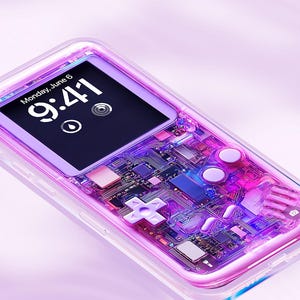 May include: A transparent phone case with a purple and pink circuit board design. The phone screen shows "Monday, June 6, 9:41". The case has a clear border and the Creative Supply logo in the top left corner. The image is labeled "4K".