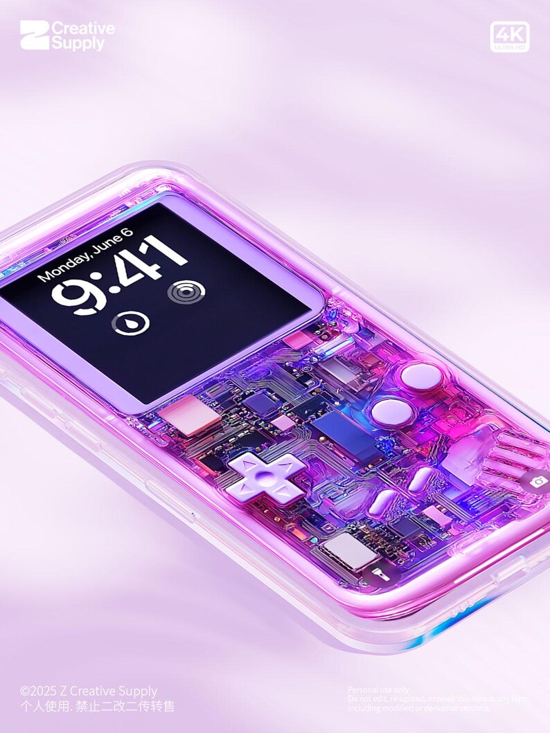 May include: A transparent phone case with a purple and pink circuit board design. The phone screen shows "Monday, June 6, 9:41". The case has a clear border and the Creative Supply logo in the top left corner. The image is labeled "4K".