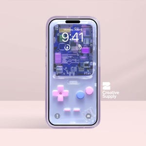 White retro Gameboy Phone Wallpaper Ultra-Realistic opaque Pink blue Y2k Digital Art for Phone screen | Cute girly gamer aesthetics