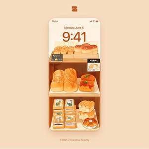 Puede incluir: Una ilustración digital de la pantalla de un teléfono que muestra un expositor de panadería con varios pasteles, incluyendo pan, bollos y pasteles. La pantalla del teléfono muestra la hora 9:41 y la fecha del lunes 6 de junio. El expositor de la panadería está etiquetado como "Matcha" y tiene un cartel que dice "¡Delicioso!" La pantalla del teléfono también muestra la palabra "Optus" en la parte superior.