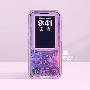 May include: A transparent phone case with a retro video game design. The case has a purple and pink colour scheme with a D-pad, A and B buttons, and the text "CYBER-CORE". The phone screen displays the time: 9:41.