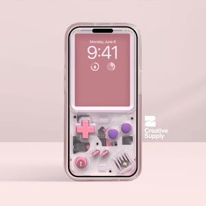 Sfondo rosa retrò trasparente per Gameboy, circuito stampato per console di gioco ultra-realistico, arte digitale per la schermata di blocco, estetica pastello Y2K