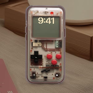 May include: A clear phone case with a retro video game design. The case has a red, white, and black color scheme and features a pixelated screen, buttons, and a joystick. The case is designed to look like a classic handheld video game console.
