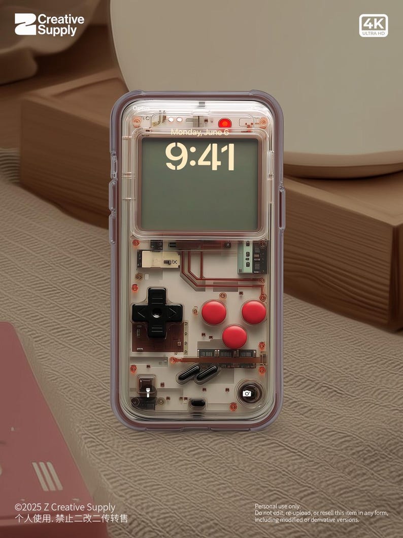 May include: A clear phone case with a retro video game design. The case has a red, white, and black color scheme and features a pixelated screen, buttons, and a joystick. The case is designed to look like a classic handheld video game console.