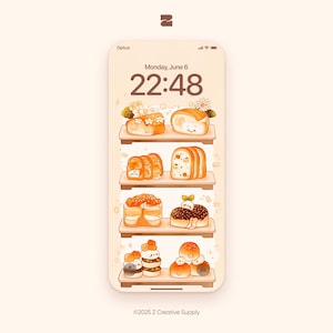 May include: A smartphone screen displaying a digital clock showing 22:48, the date Monday, June 6, and a series of cartoon bread and pastry items on shelves. The bread and pastries have cute faces.
